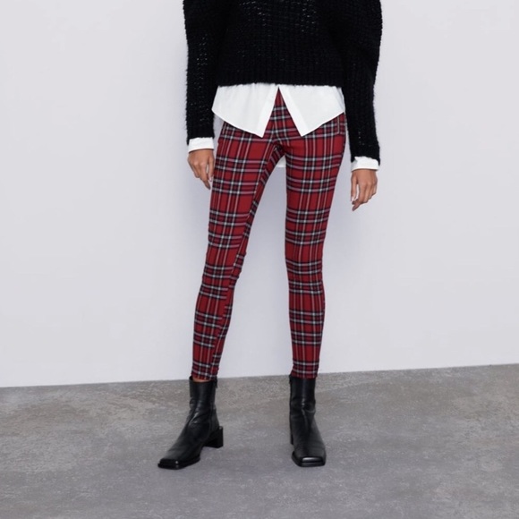 Zara Leggings Pants sz S Scottish Plaid Red NWT